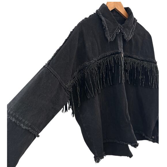 Zara Rhinestone Fringe Studded Jean Jacket  Black Size Medium - Picture 9 of 13